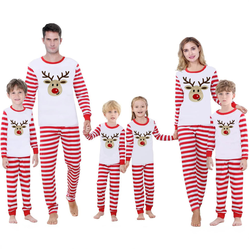 Ready-to-ship  cotton christmas pajamas - european & american style reindeer solid color print long sleeve family matching set