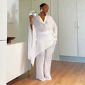 European and american cross-border women's clothing  summer new arrival: casual loose plus size tie-waist shirt and high-waisted pants fashion set