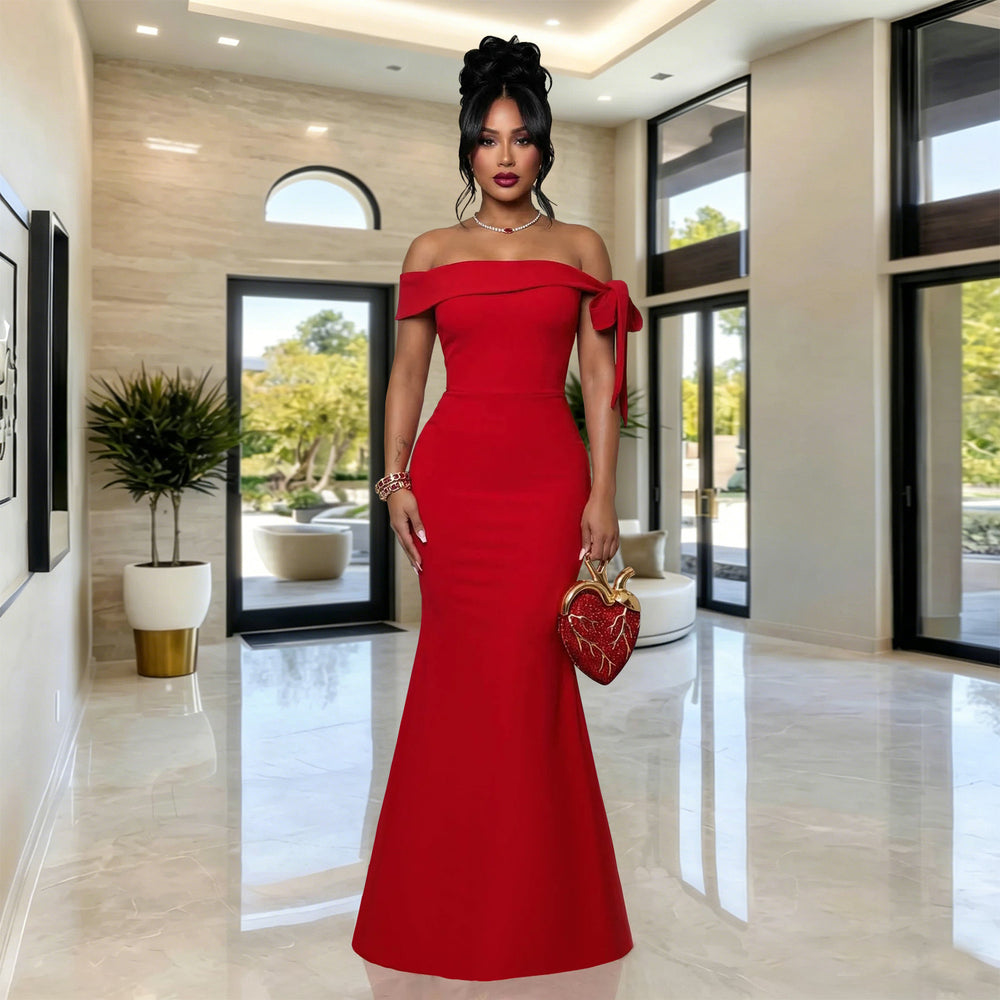 C7681 cross-border   fashion women's elegant one-shoulder off-the-shoulder bodycon dress