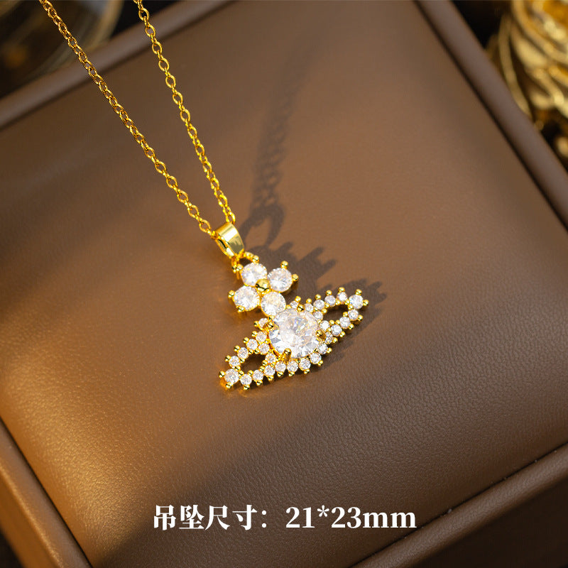 Classy micro-paved zircon saturn titanium steel necklace for women, queen mother clavicle chain, full diamond earrings, pendant jewelry set