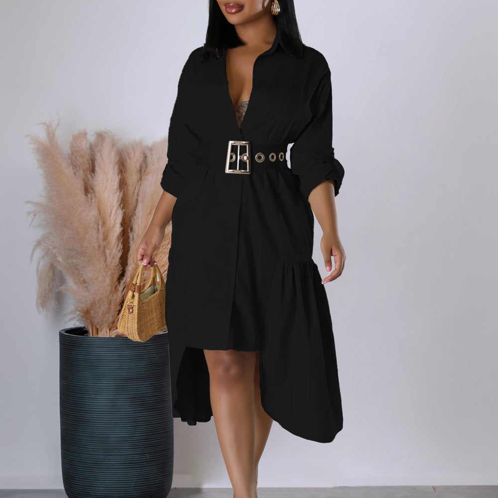 D3278export women's lapel pure colorfashionloosecasual button shirt skirt asymmetricalfashiondress