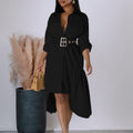 D3278export women's lapel pure colorfashionloosecasual button shirt skirt asymmetricalfashiondress