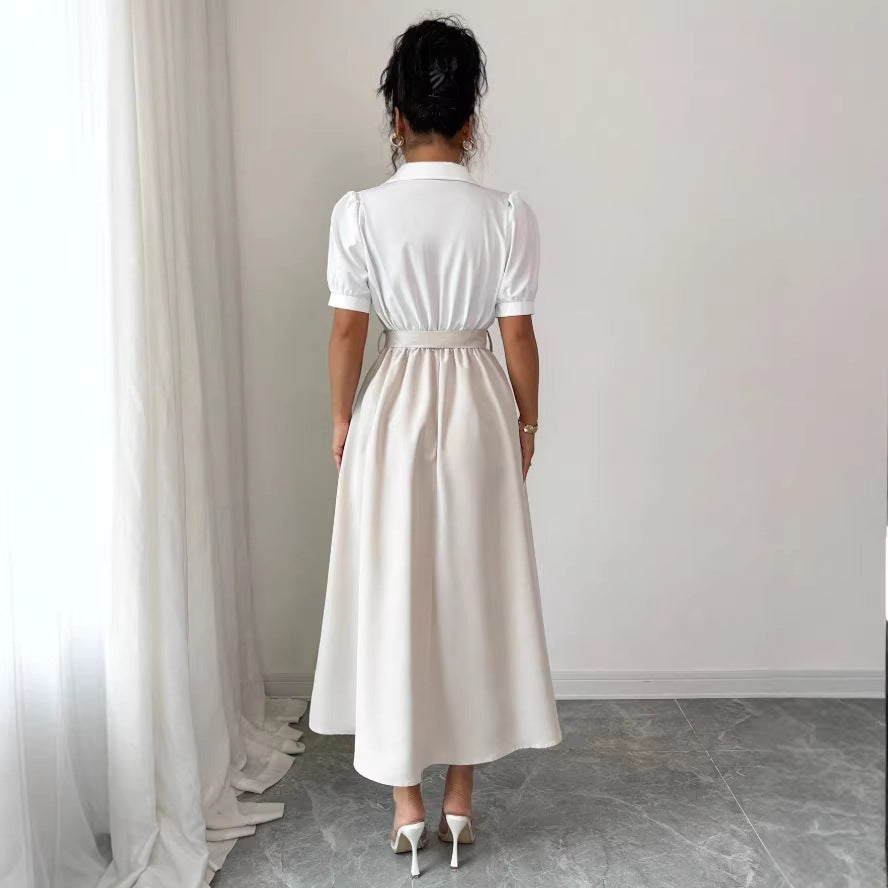 new european and american cross-border fashion: french chic white fitted waist dress