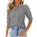 new women's solid color button-down crew neck ruched mid-sleeve top for cross-border