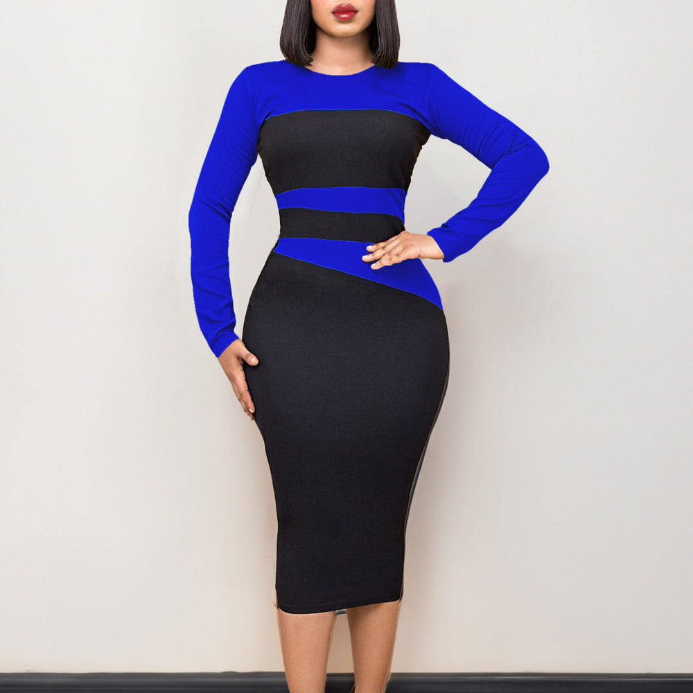 D397 european and american women's clothing  new fashion elegant and chic slim-fit ol color block bodycon plus size african dress