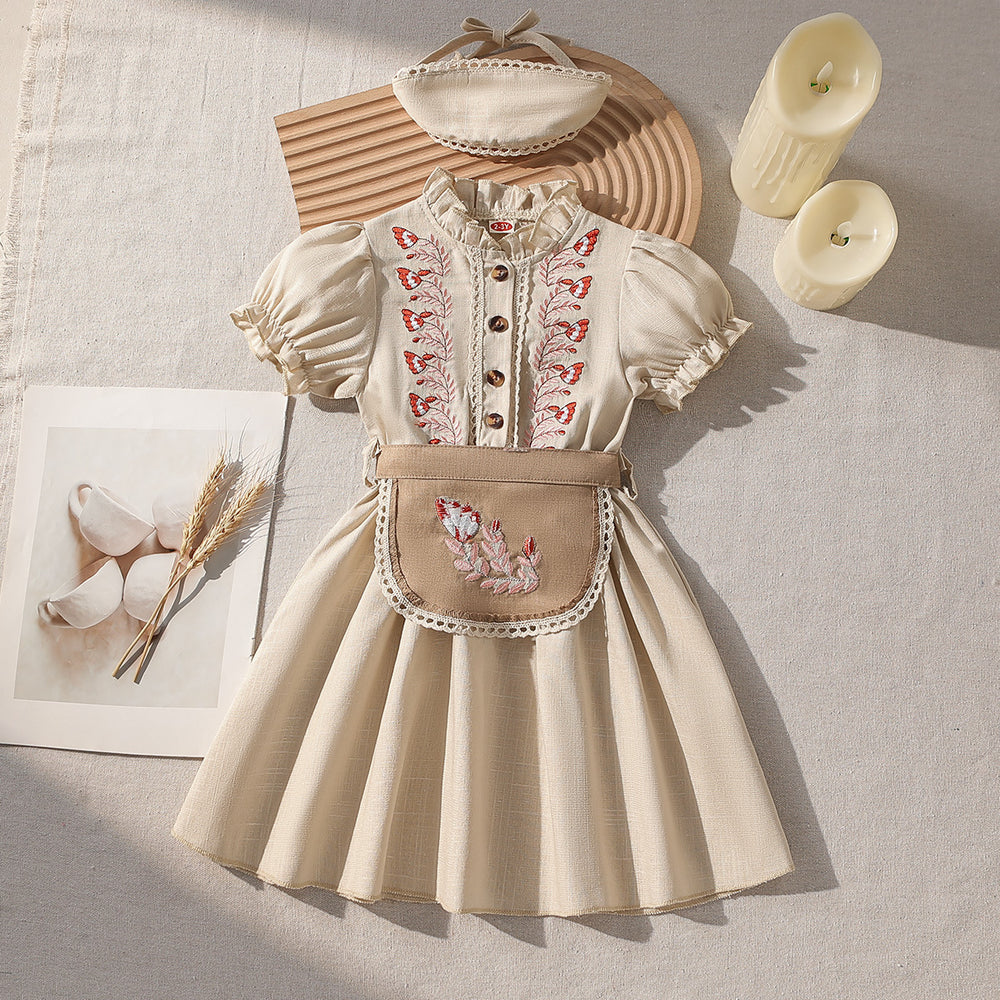spring/summer new arrival: cross-border pastoral style girls' embroidered dress with headscarf