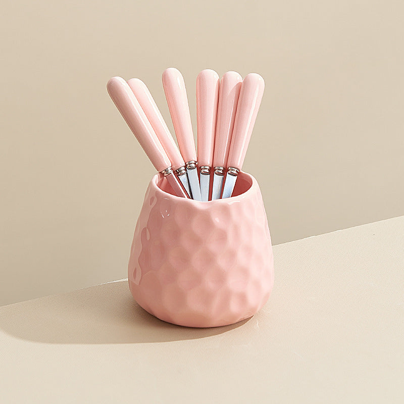 Minimalist style cross-border water cube fruit fork storage jar ceramic handle fruit fork hammered texture high-value jar set