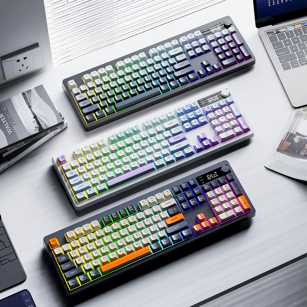 Dazzling silver fox tk100 wireless bluetooth dual-mode mechanical feel keyboard with pbt keycaps, display, and rotary encoder