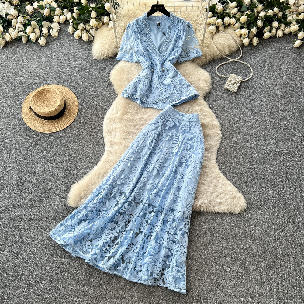 Elegant beaded lace v-neck two-piece set: a sophisticated and slim-fitting summer outfit for women