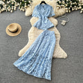 Elegant beaded lace v-neck two-piece set: a sophisticated and slim-fitting summer outfit for women
