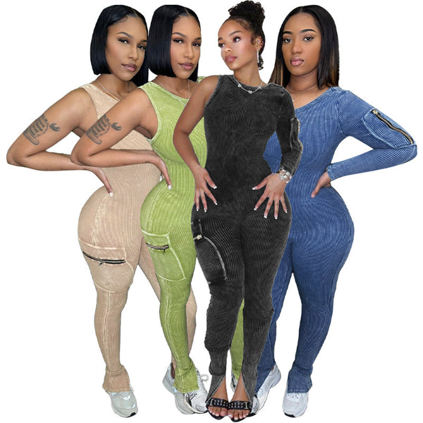HR24045 European and American casual women's clothing, stretch cotton threaded large pocket single sleeve old tight jumpsuit