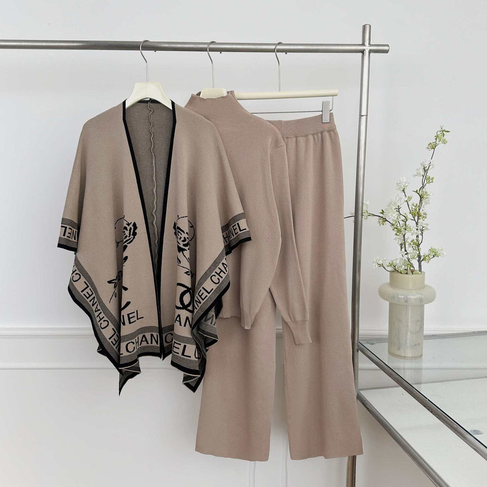 New arrival cross-border loose lazy style women's jacquard shawl turtleneck pullover knitting shirt + wide-leg pants three-piece set