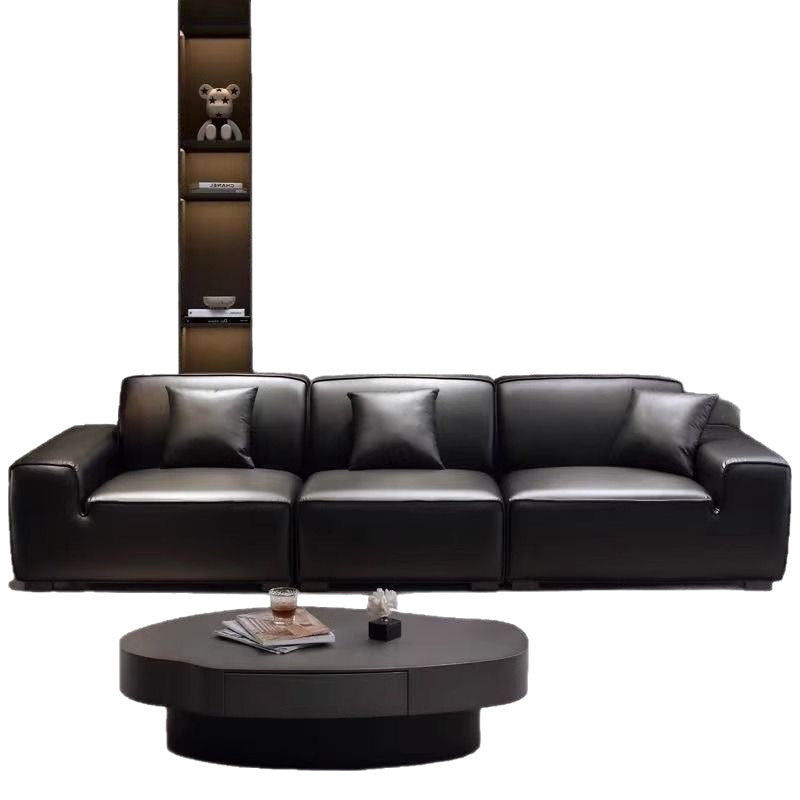 Italian accessible luxury big black cow sofa living room luxury genuine leather sofa tofu block straight cat claw belt spring sofa