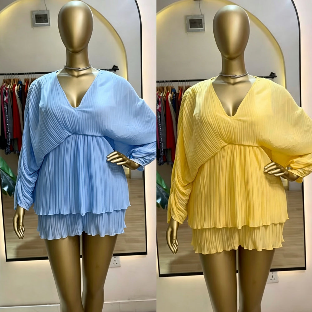 supply v neck pleated chiffon bat sleeve elastic waist free size short skirt dress