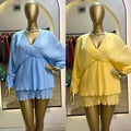 supply v neck pleated chiffon bat sleeve elastic waist free size short skirt dress