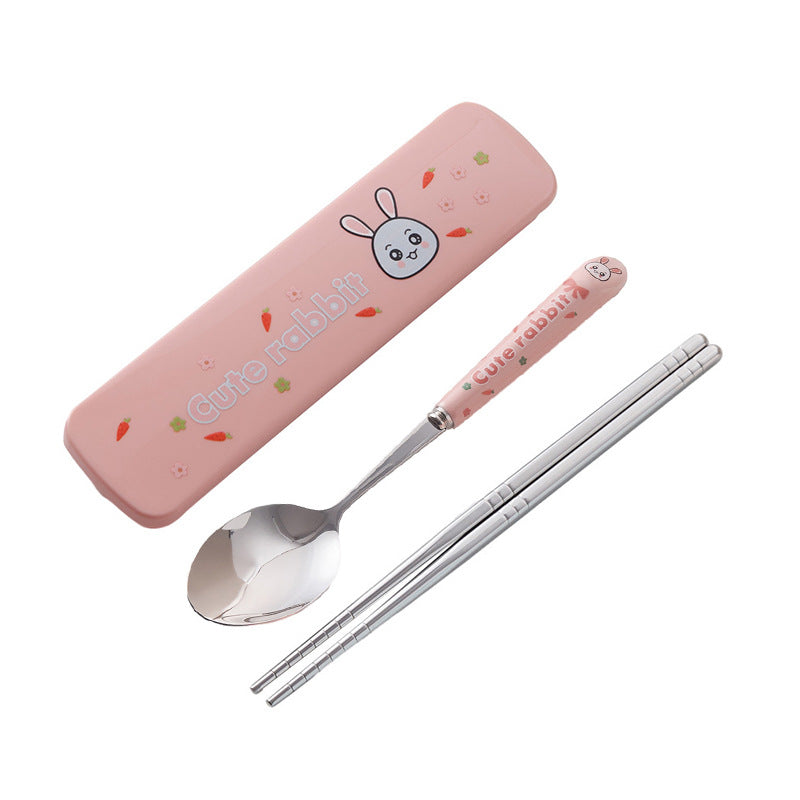 Cute stainless steel cutlery set with stylish ceramic handles - portable student dinnerware, kids' chopsticks and spoon set