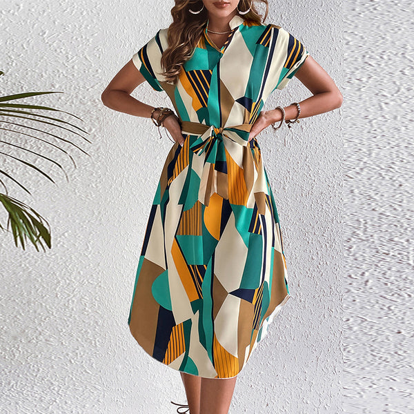 Ruihu Cross-border Independent Station Foreign Trade Women's Clothing 2025 European and American Holiday Style Color Block Dress Belt Short Sleeve Medium Skirt
