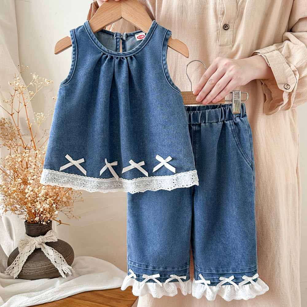 new summer outfit for baby girls: stylish doll-inspired sleeveless denim patchwork lace pants two-piece set