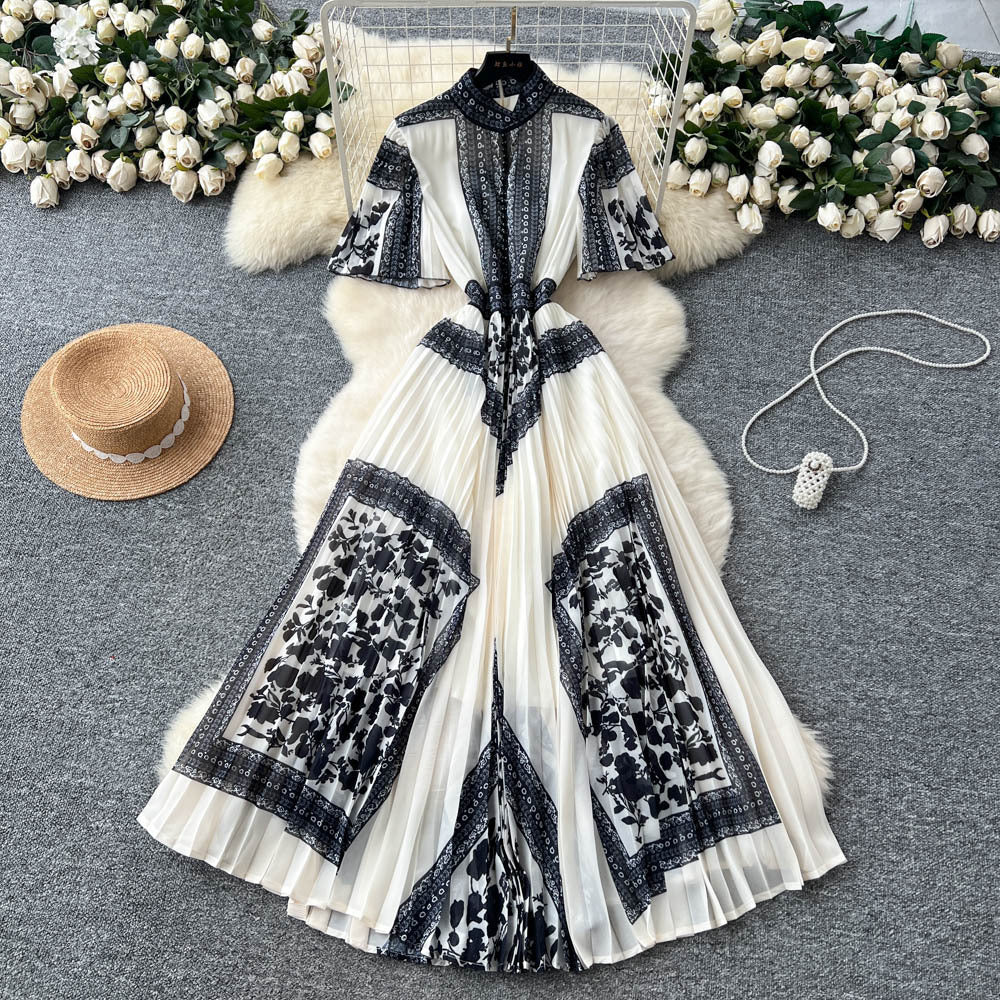 French court style printed dress - women's summer pleated stand collar slimming design, exquisite and stunning maxi dress