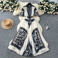 French court style printed dress - women's summer pleated stand collar slimming design, exquisite and stunning maxi dress