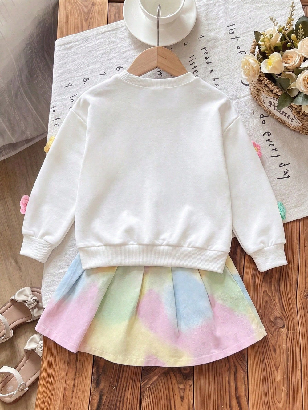 new cross-border girls' round neck 3d floral sweatshirt + iridescent denim skirt two-piece set