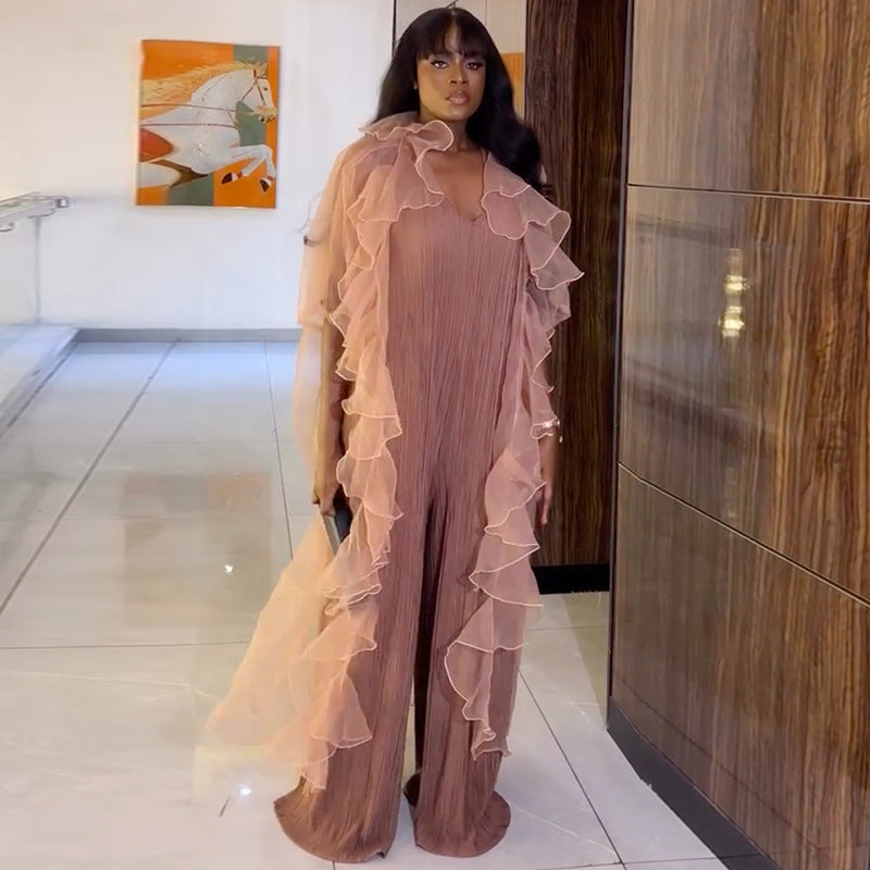 European and american cross-border women's fashion:  autumn new collection - stylish v-neck, ruffle-trimmed, slimming jumpsuit with a unique design