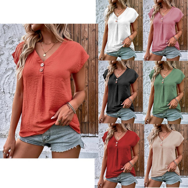 2025 Europe, America,   women's clothing summer V-neck button-up top bat sleeve T-shirt loose casual shirt