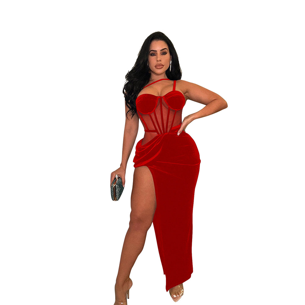 C6732 cross-border   fashion women's solid color mesh suspender slit maxi dress