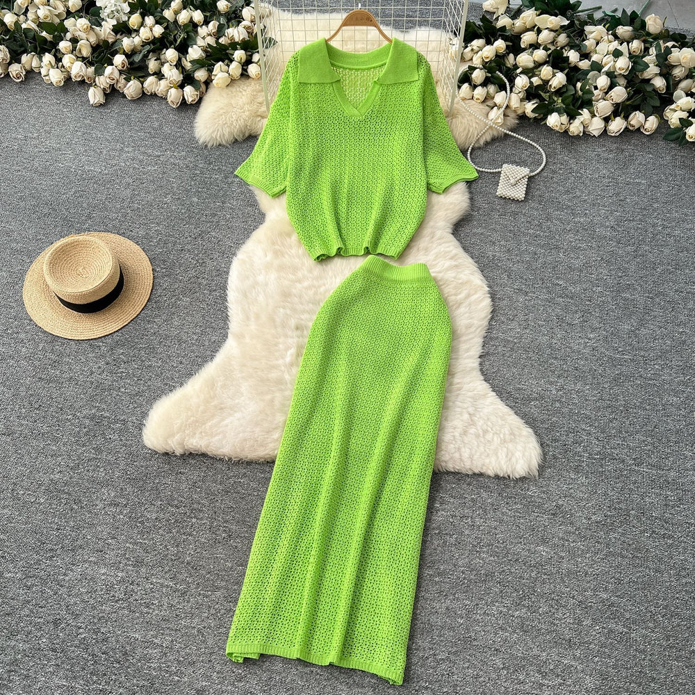 Summer women's gentle style versatile chic hollow-out crochet knit top & high-waisted bodycon midi skirt korean two-piece set