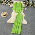 Summer women's gentle style versatile chic hollow-out crochet knit top & high-waisted bodycon midi skirt korean two-piece set