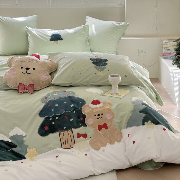 Small fresh cartoon style embroidered bedding single double bedding high-grade pure cotton washed cotton three or four piece set home textile