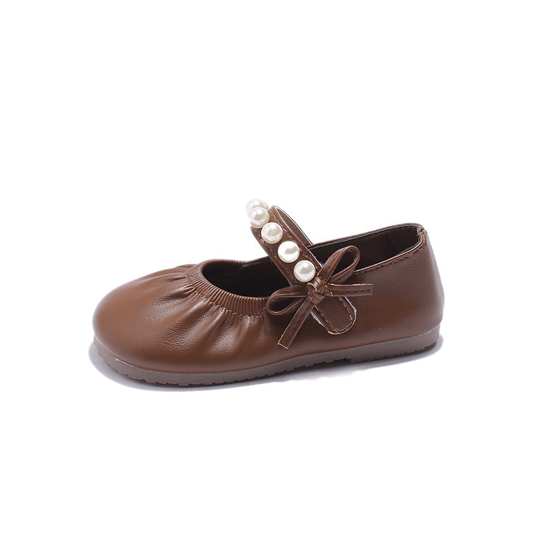Korean version of girls' small leather shoes, spring and autumn 2025 new soft-soled children's pearl princess shoes, retro Mary Jane single shoes