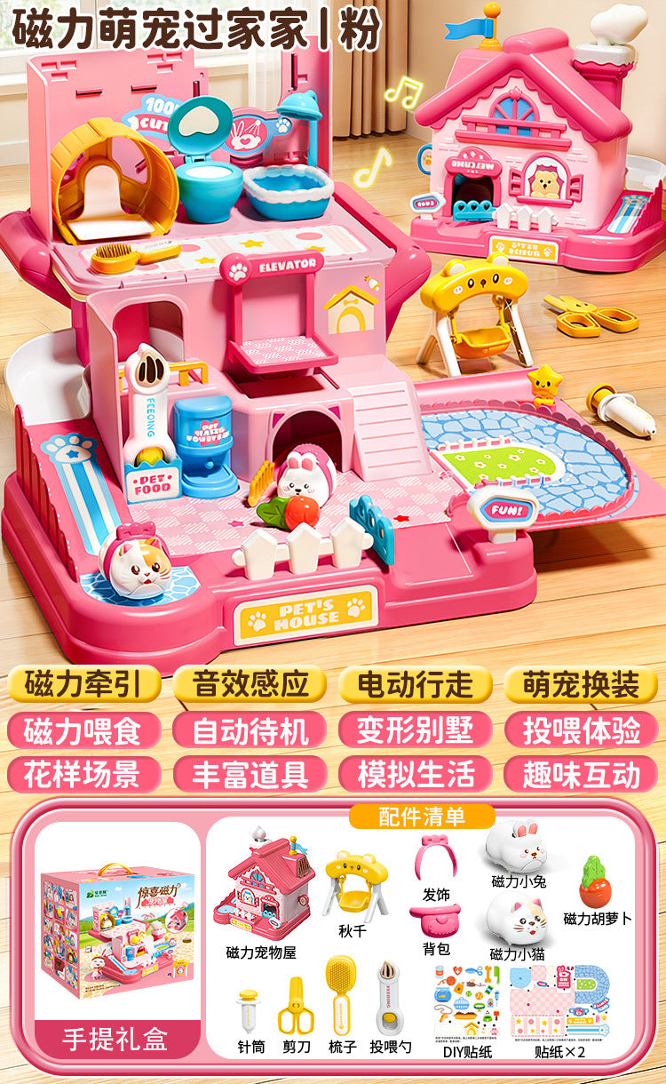 3-6 year old girls' toys, pretend play magnetic pet house, little rabbit & cat dolls, birthday gift for girls