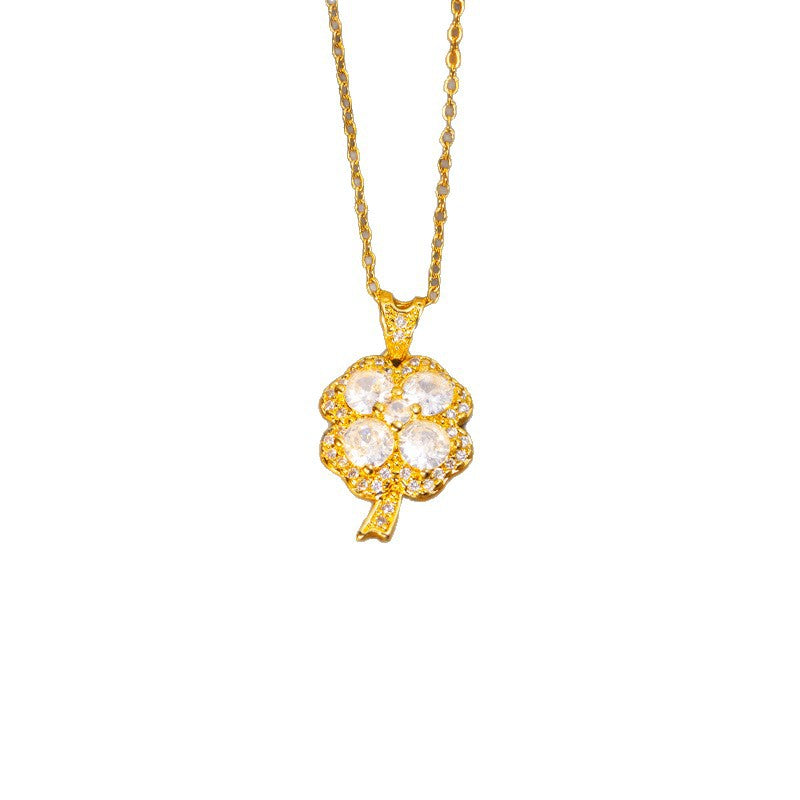 Exquisite full diamond four-leaf clover stud earrings and necklace set - women's fashion, light luxury, minimalist, versatile pendant, premium titanium steel jewelry wholesale