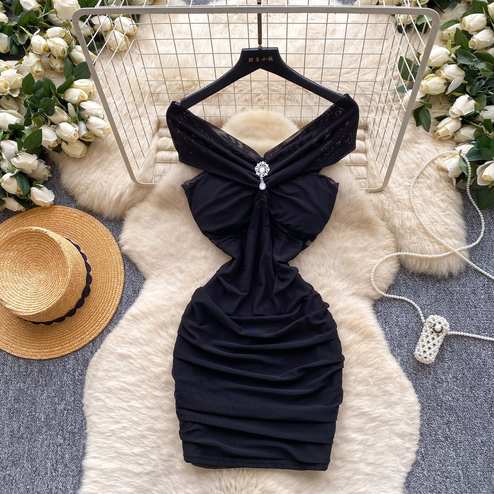 Spicy girl style purple sexy off-the-shoulder mini dress - women's summer slim fit bodycon high waist a-line skirt