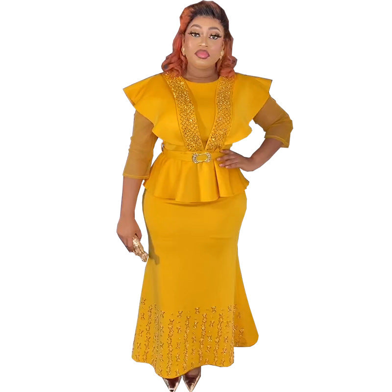 Special offer: african-style cinched waist top with beaded and rhinestone embellished solid color midi skirt - plus size european and american style dress