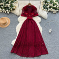 Luxury french style high-end short-sleeve dress - women's summer blazer collar lace mesh belted maxi dress