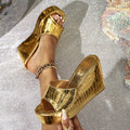 Women's chunky heel sandals - gold glitter, fashionable, elegant, minimalist, slip-on, casual sandals