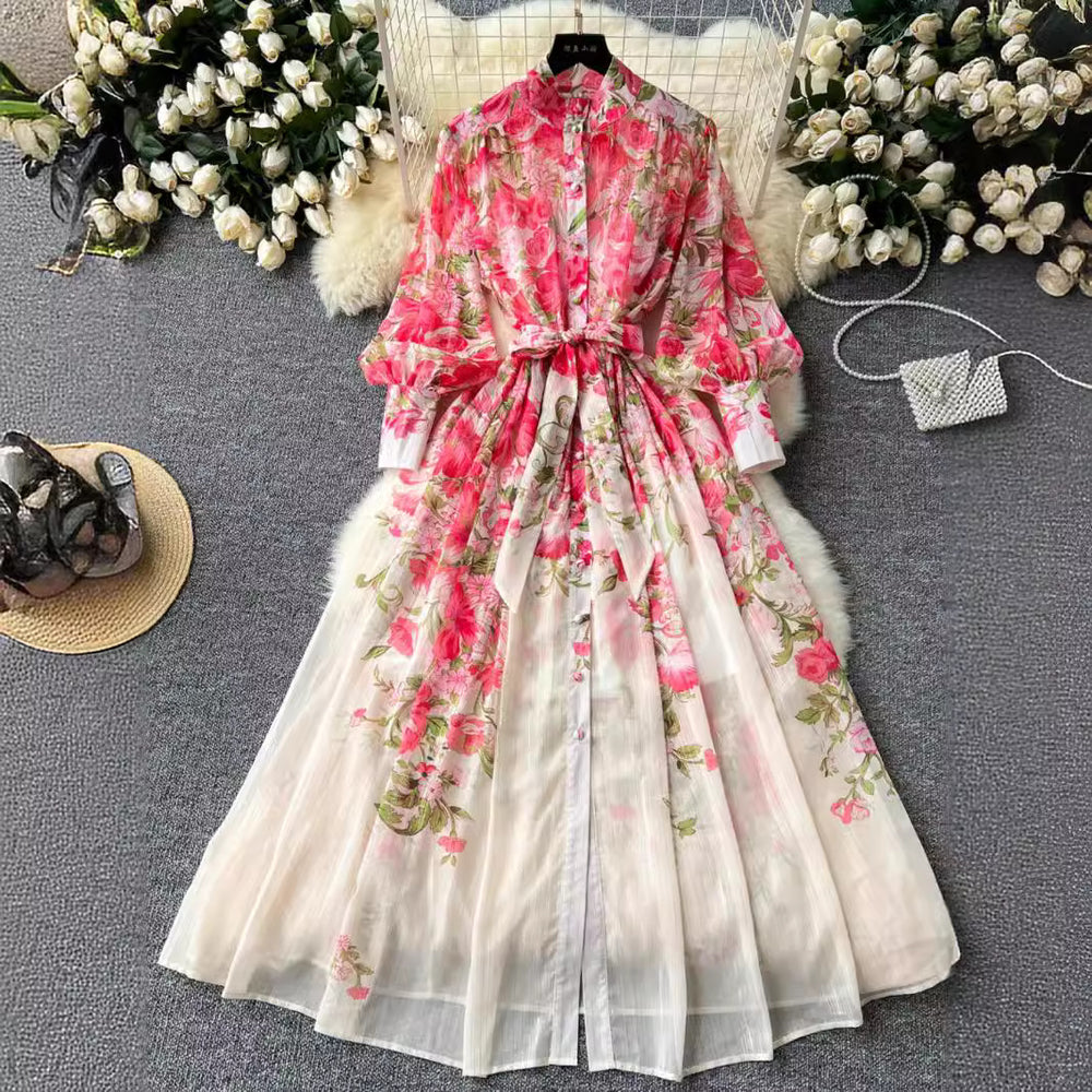 European and american print dress - women's stand collar long sleeve high-end cinched waist tie-up maxi dress - niche french chiffon fairy style