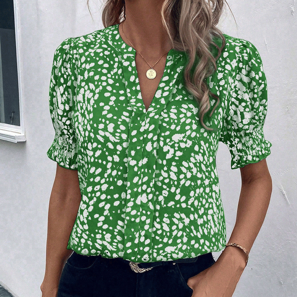 women's  v-neck floral print shirred short sleeve chiffon shirt - bohemian style, relaxed fit