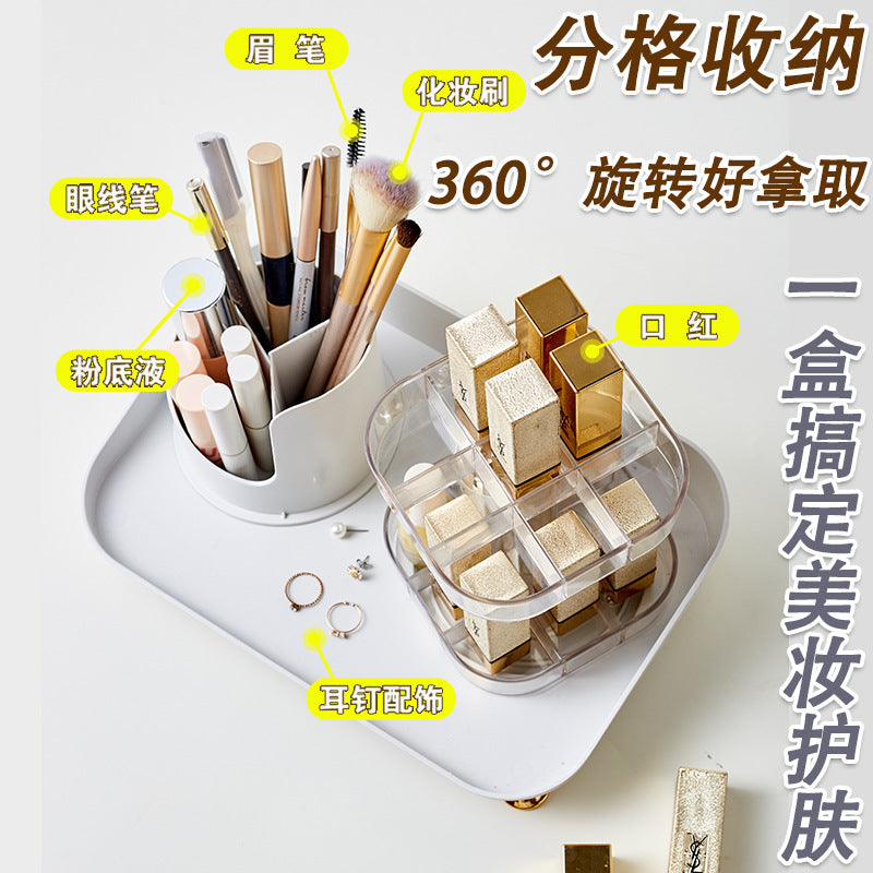 Cosmetic organizer box - trendy transparent rotating makeup brush holder with lid, dustproof desktop lipstick organizer