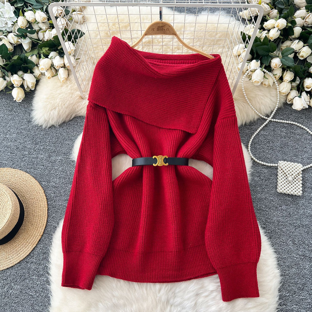 new arrivalfall and wintersweater belt waist easiest for matchfashion one shoulder lapel slimming look chic knittingtops women