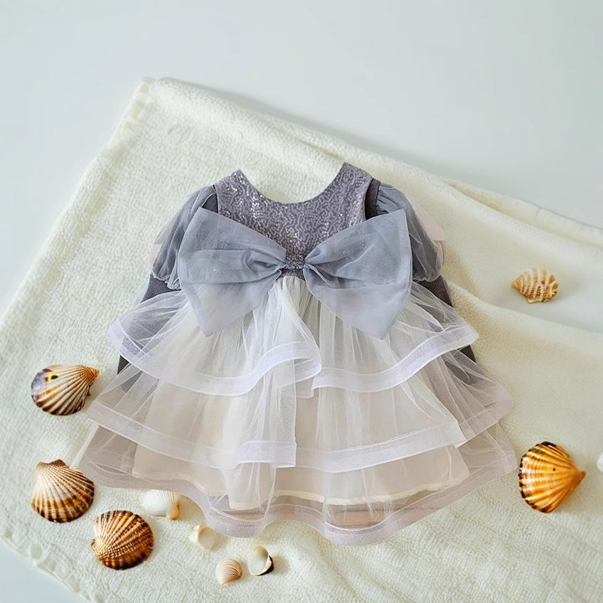 Spring new round neck bowknot mesh gray vest dress cake dress children's puff sleeve dress spring outfit