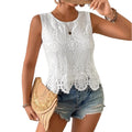 summer new european and american cross-border fashion casual versatile round neck lace hollow-out sleeveless tank top - stylish and elegant