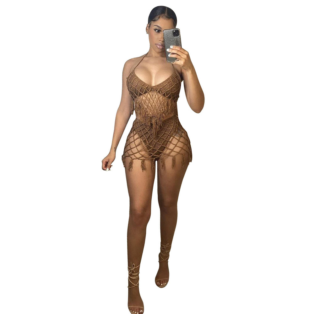 e-commerce european and american women's swimwear, sexy hand-crocheted beach cover-up, knitted casual swimsuit set - hot seller