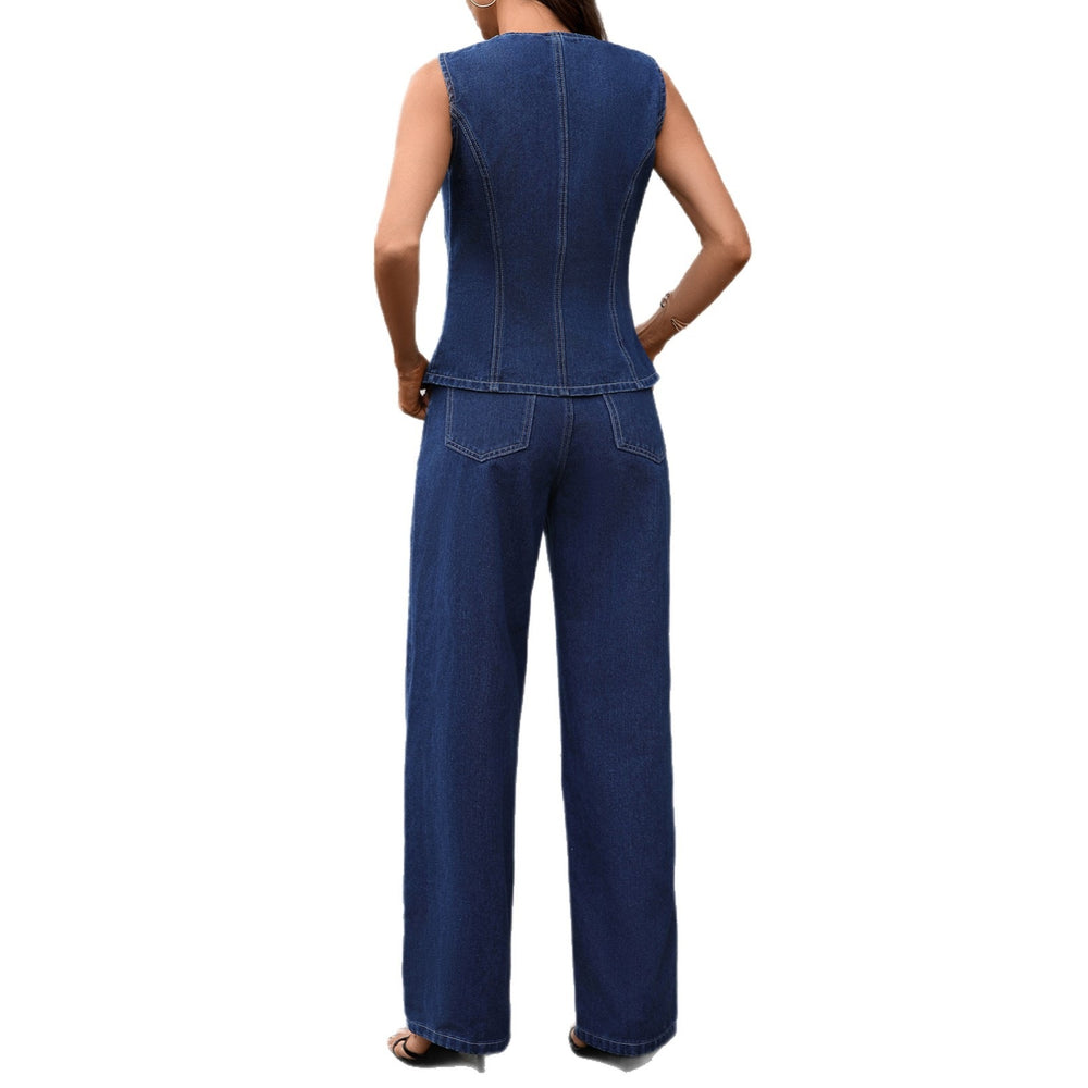 Fashion cross-border export  new arrival autumn washed fashion silm vest slightly flared denim pants two-piece set