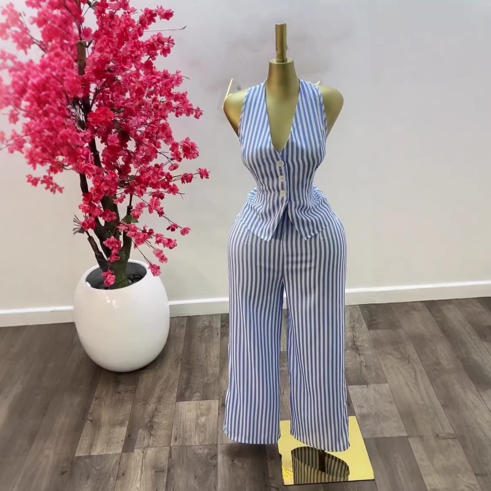 European and american cross-border women's clothing  summer new arrival: elegant v-neck blue and white striped vest top and high-waisted pants set