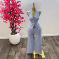 European and american cross-border women's clothing  summer new arrival: elegant v-neck blue and white striped vest top and high-waisted pants set