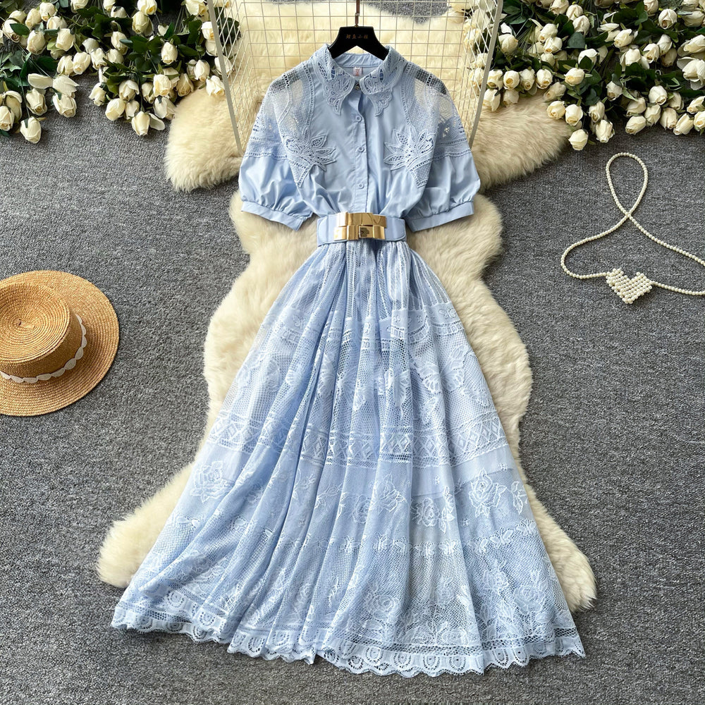 French romantic pink hollow-out lace dress - women's summer a-line maxi dress with cinched waist - high-end elegant style