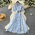 French romantic pink hollow-out lace dress - women's summer a-line maxi dress with cinched waist - high-end elegant style